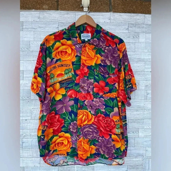 Jams World Santa Monica Floral Rayon Hawaiian Shirt Mens L Surf Line USA large - Picture 1 of 14